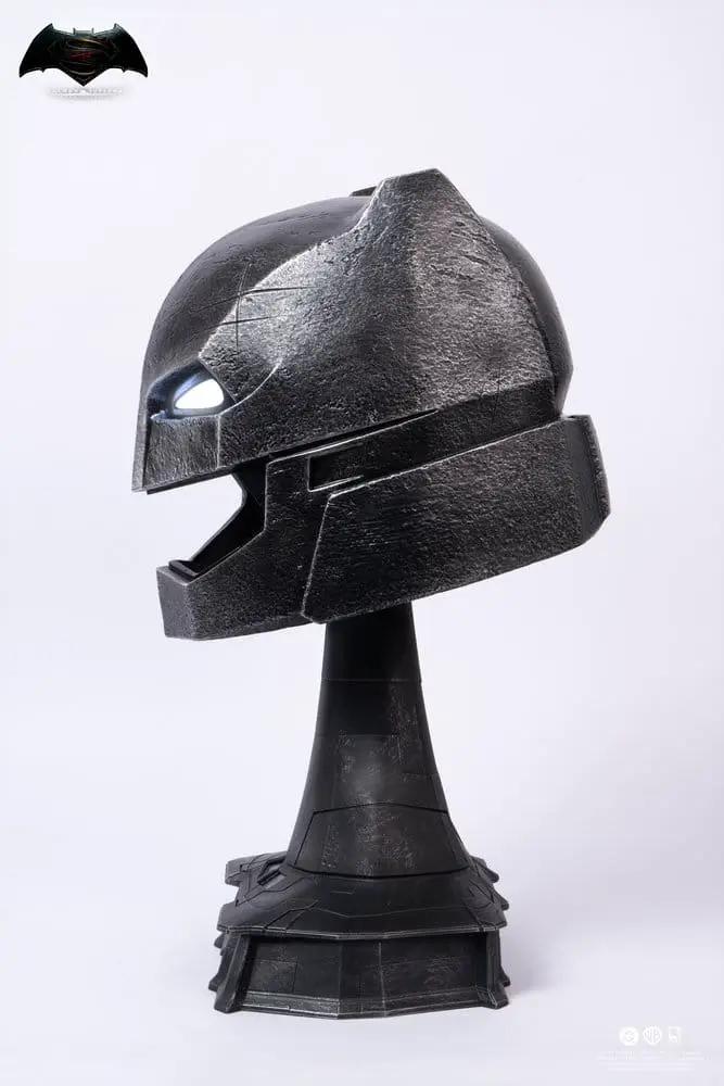 Armored Batman helmet replica 50 cm on display stand with dark metallic finish and glowing blue eye, PURE ARTS