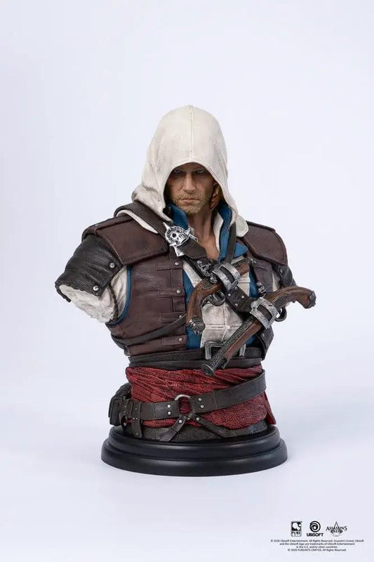 PURE ARTS Assassin's Creed Edward Kenway 1/4 scale bust; hooded pirate in brown leather armor.
