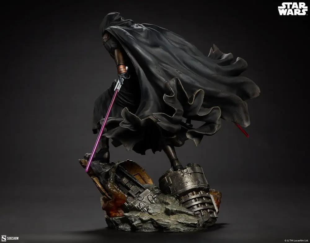 Darth Revan statue 1/5 scale, 48 cm, by Sideshow Collectibles; black cape, purple lightsaber, rocky base.