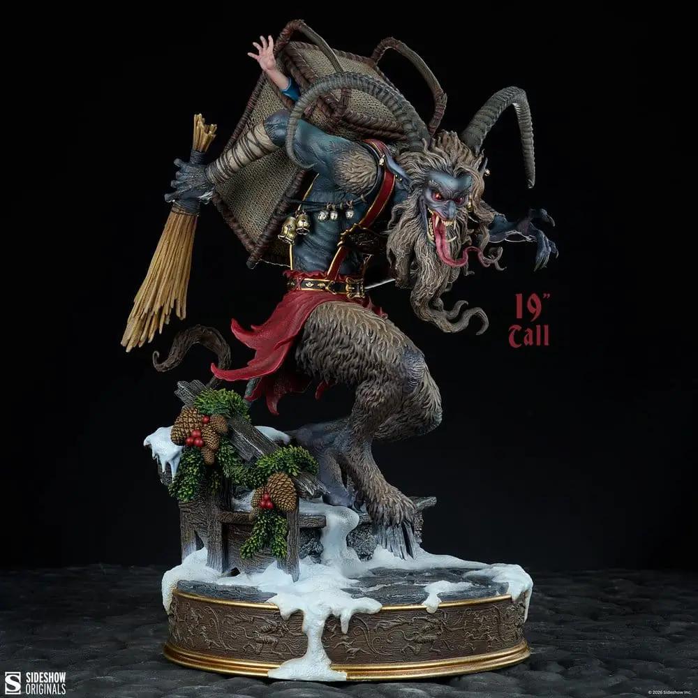 Krampus statue, 19 inch tall, detailed demon with fur and horns, wicker basket, snow base on gold pedestal