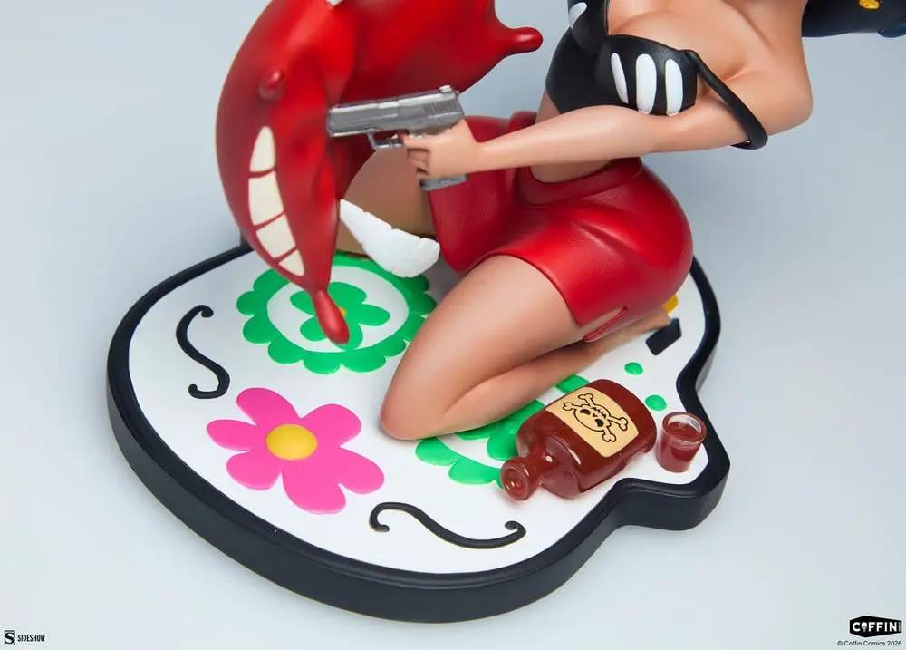 Conjunto de estatuas Coffin Comics Sleepover in Hell de SIDESHOW COLLECTIBLES; mujer en base floral con pistola junto a demonio rojo