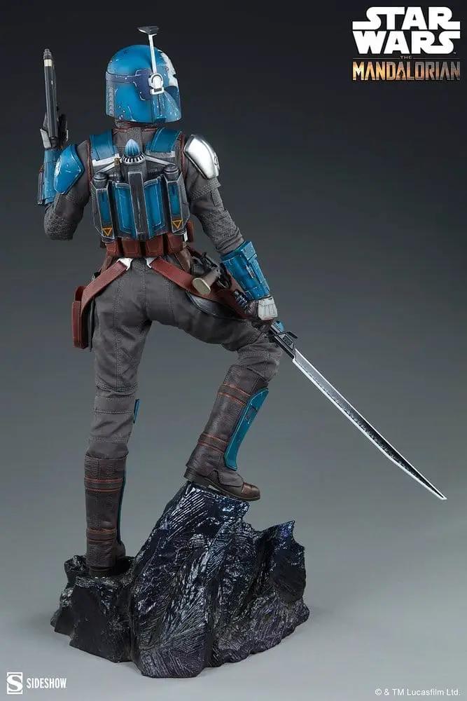Bo-Katan Kryze premium statue by Sideshow Collectibles blue mixed-media Mandalorian armor with Darksaber on a rocky base
