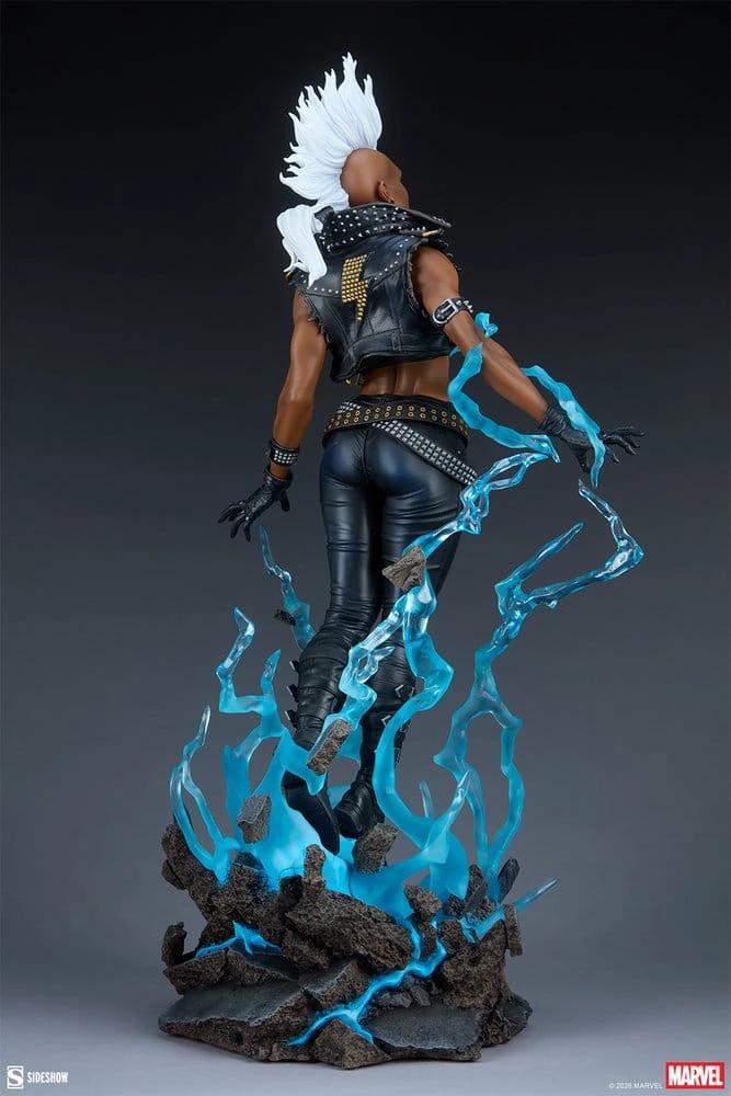 Storm Premium Format statue by Sideshow Collectibles; Marvel X‑Men, back view with white mohawk and blue energy.