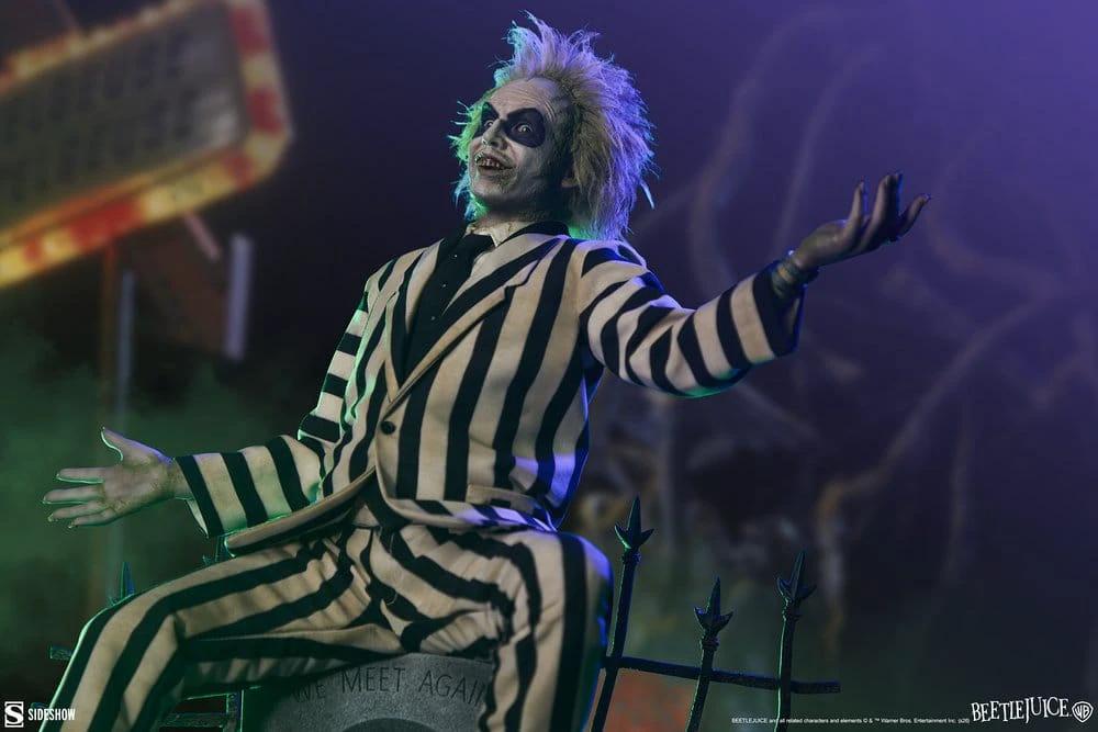 Beetlejuice Premium Format Mixed Media Statue by SIDESHOW COLLECTIBLES; striped suit, 54 cm tall.