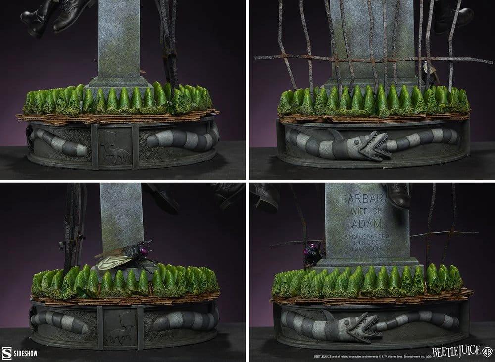 Beetlejuice Premium Format Statue by Sideshow Collectibles, 54 cm, featuring a stone tombstone base and green grass ring.