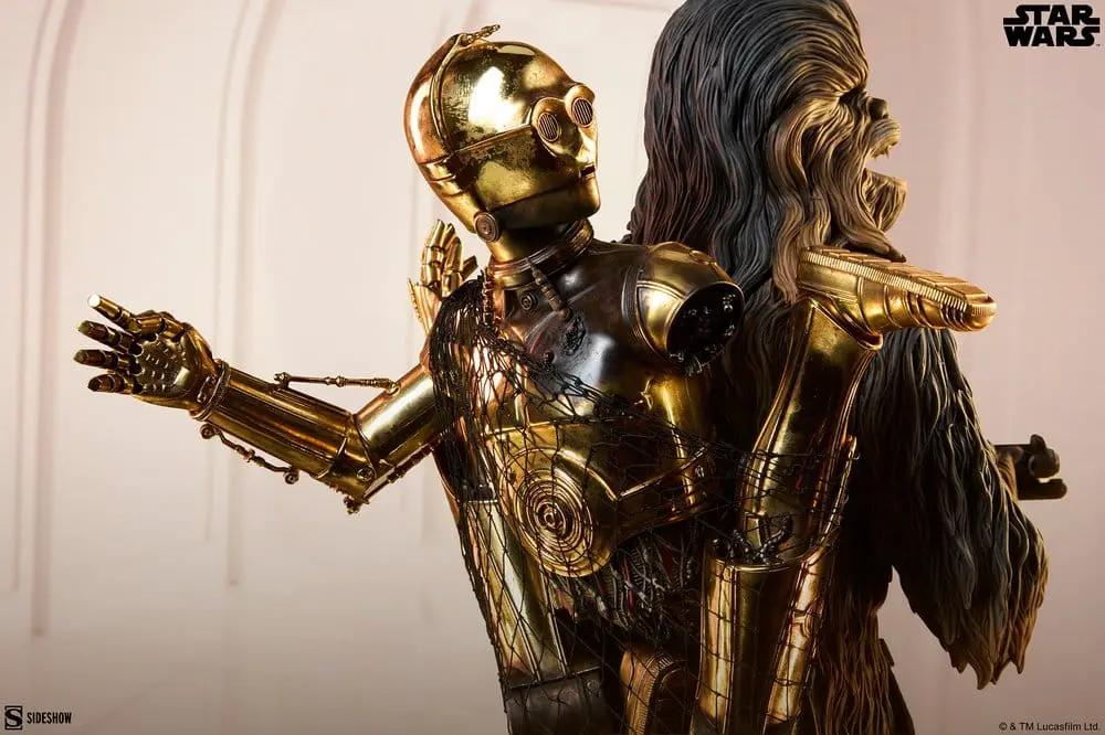 Estatua premium Star Wars Chewbacca y C-3PO, 63 cm, SIDESHOW COLLECTIBLES; dos figuras en acabado dorado metálico
