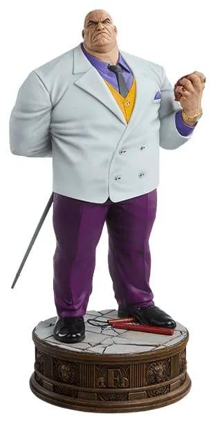Kingpin premium statue by Sideshow Collectibles, white suit with purple pants and yellow vest on round base.