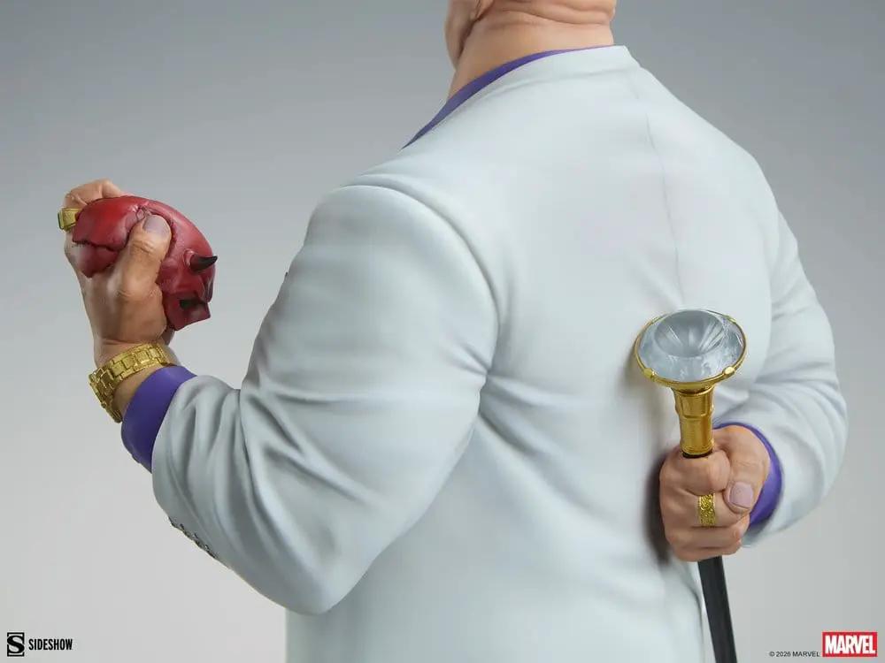 Marvel Kingpin Premium Format Statue by Sideshow Collectibles, back view in white suit holding red mask and gold scepter