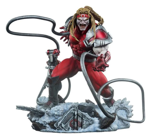 Figura Premium Format Omega Red de X-Men por Sideshow Collectibles; traje rojo con armadura plateada, base helada