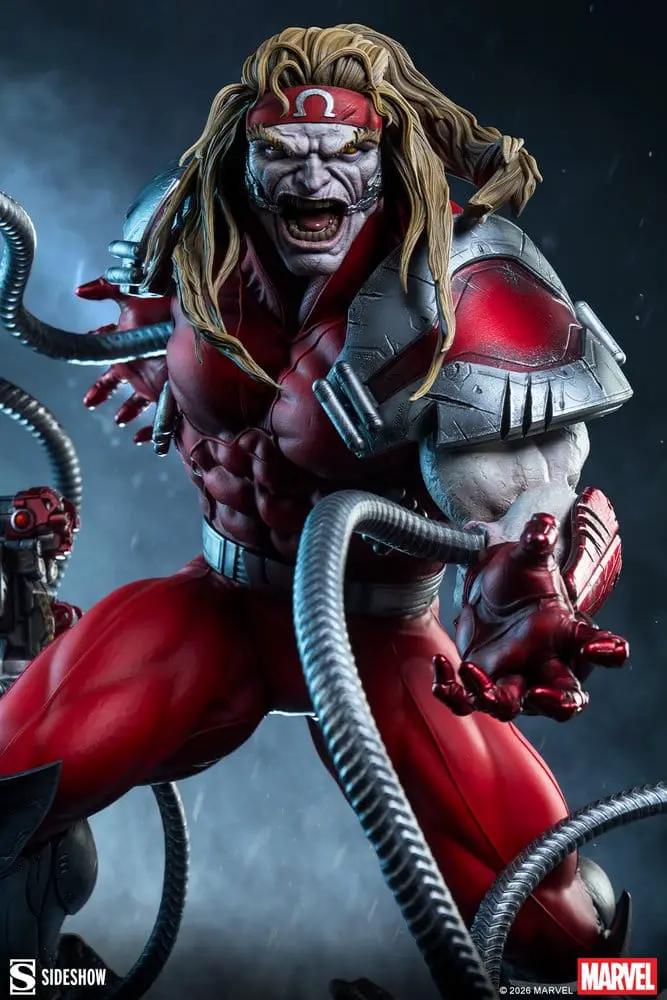 Figura premium Omega Red de Marvel X-Men, 48 cm, de Sideshow Collectibles, con traje rojo y armadura plateada.