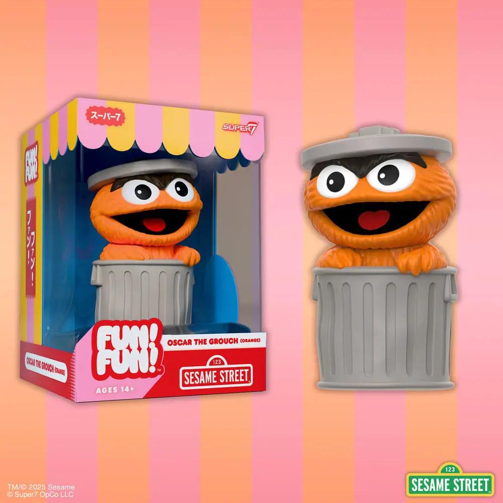 Sesame Street Oscar the Grouch soft vinyl figure by SUPER7, orange 13 cm in a trash can, 2-piece set