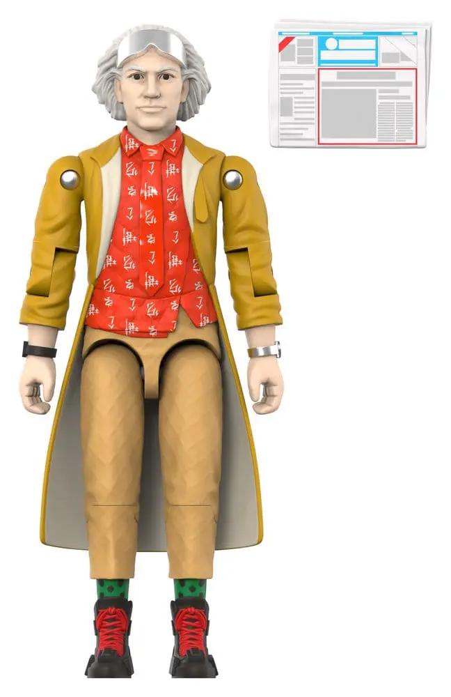 Figura de acción Dr. Emmett Brown, Back to the Future ReAction+ Wave 02; chaqueta amarilla y gafas plateadas.