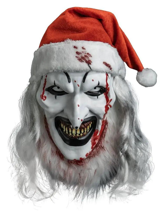 Terrifier 3 Santa Art clown mask by Trick or Treat Studios; white face, blood splatters, red Santa hat, long white hair