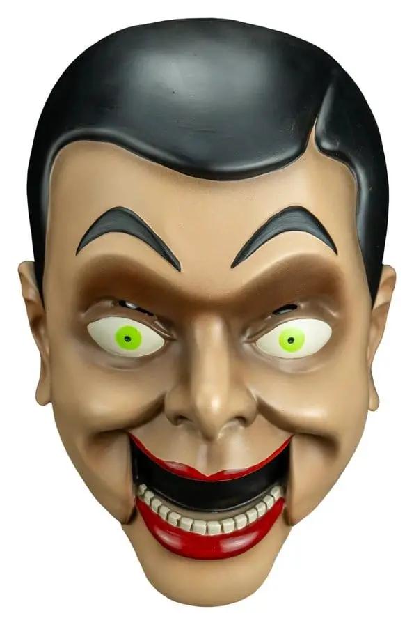 Máscara de vinilo Slappy el Muñeco de Pesadillas, con ojos verde neón y sonrisa roja.