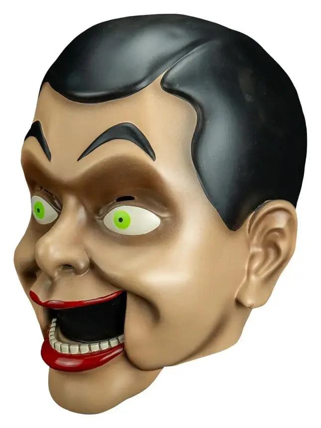 Máscara de vinilo Slappy el Muñeco, ojos verde neón, piel clara, cabello negro, sonrisa roja