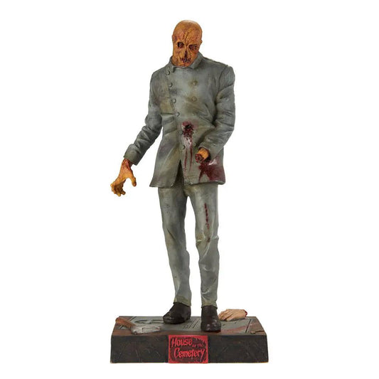 Dr. Freudstein zombie statue, 30 cm, gray suit with blood stains, cemetery base.