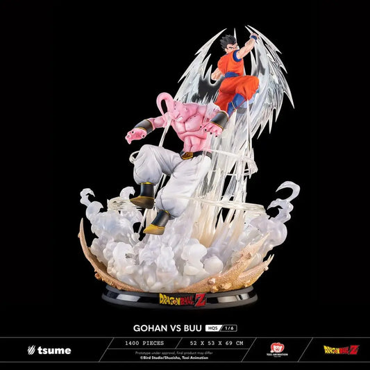Figura de acción TSUME Gohan vs Buu, 1/6 HQS; dos figuras en escena, Gohan naranja y Buu rosado, efectos translúcidos