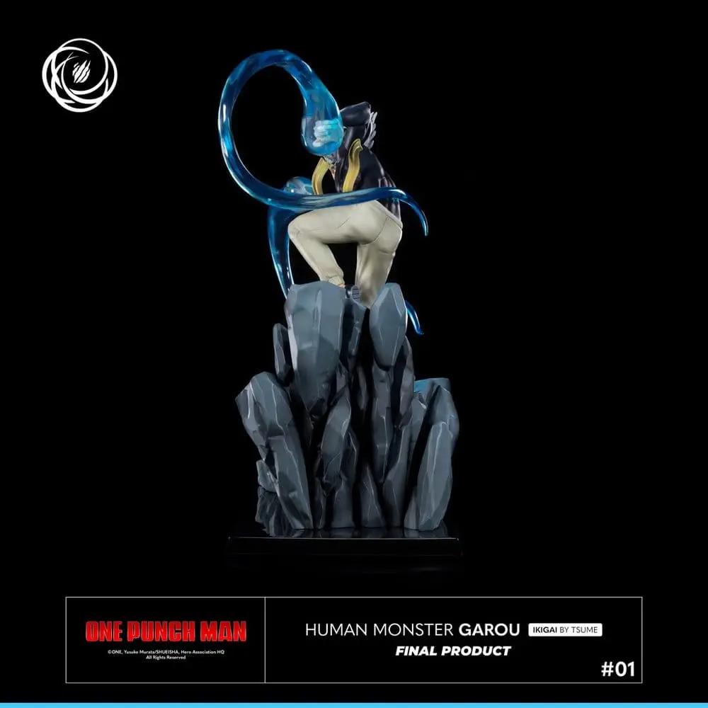 Figura de acción One-Punch Man Garou 1/6 IKIGAI de Tsume, base rocosa con efecto azul translúcido.