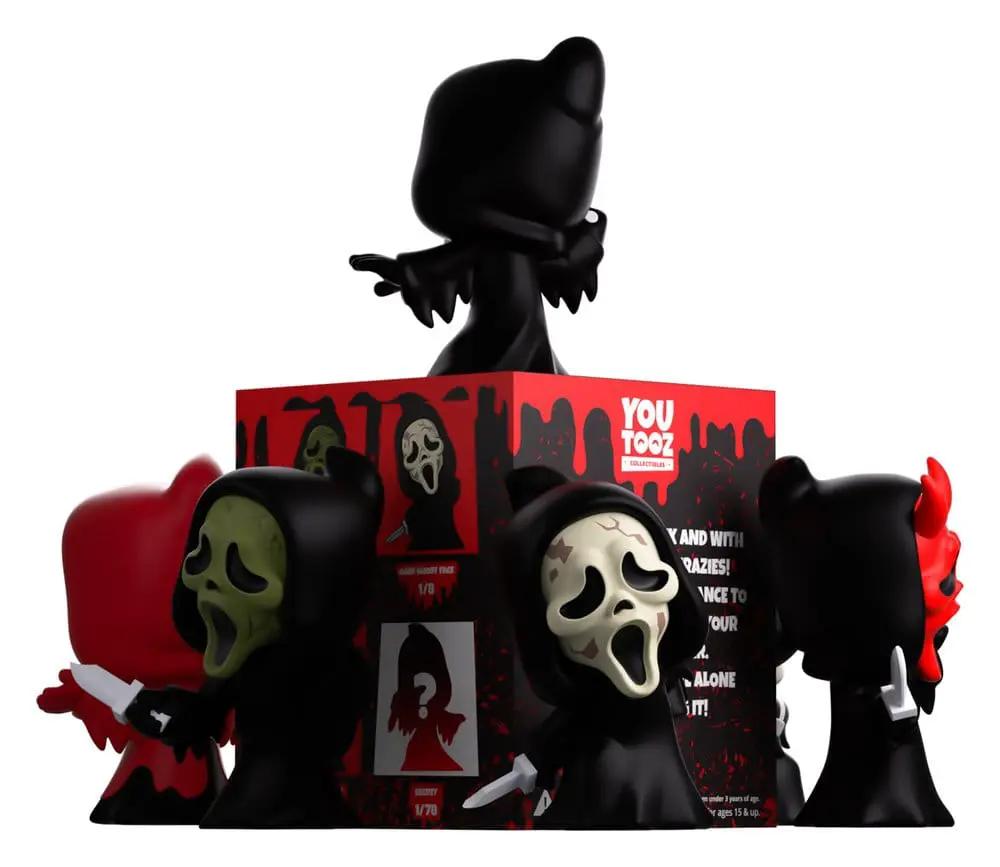 Ghost Face mini vinyl figures blind box assortment (8) by YouTooz, black figures with green, white, and red masks